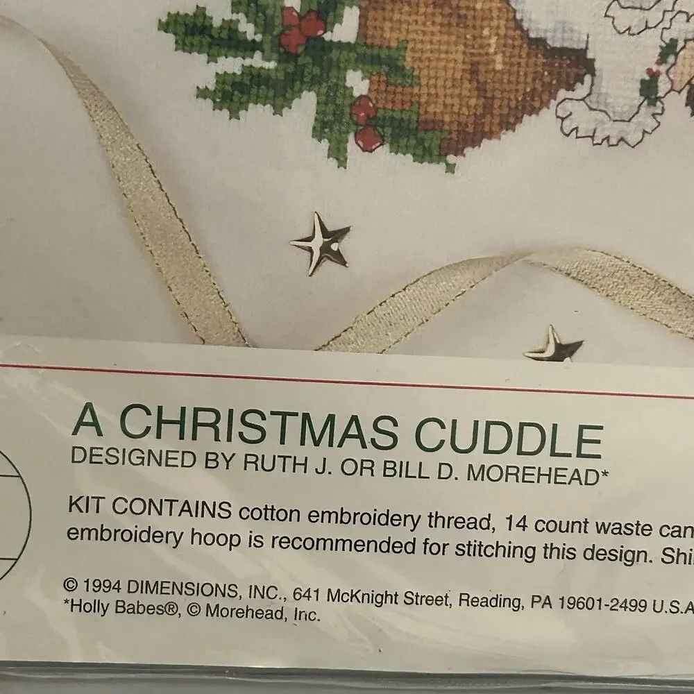 VTG Sunset A Christmas Cuddle Counted Cross Stitch Kit Waste Canvas 18351 Bear